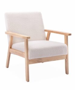 Alice's Home - Fauteuil scandinave en bois et tissu bouclette Isak. Dimensions : L 64 x P 69,5 x H 73 cm