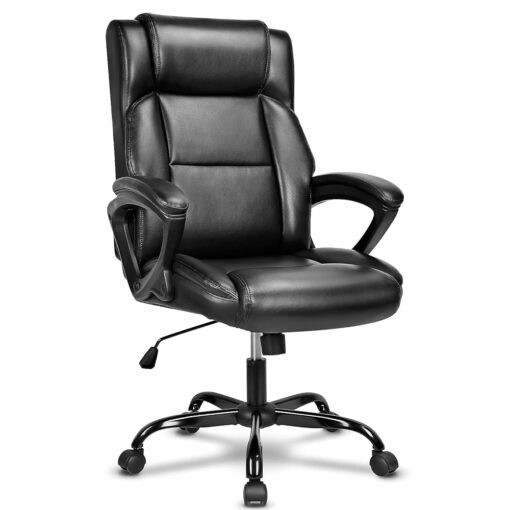 BASETBL Chaise de Bureau Ergonomique en Cuir PU, Fauteuil Rembourré avec Haut Dossier, Soutien Lombaire et Accoudoirs