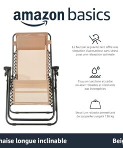 Chaise de camping pliable zéro gravité Amazon Basics, dimensions 90 x 65 x 110 cm, couleur beige