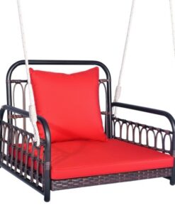 Chaise suspendue en rotin avec 2 cordes de suspension, crochets en métal et coussins rouges pour porche ou jardin – Modèle CSW294690