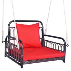 Chaise suspendue en rotin avec 2 cordes de suspension, crochets en métal et coussins rouges pour porche ou jardin – Modèle CSW294690