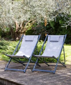 Ensemble de 2 chiliennes Cyprus en textilène gris avec structure en aluminium anthracite - Transats équipés de coussins pour repose-tête - Parfaits pour le jardin, la terrasse...