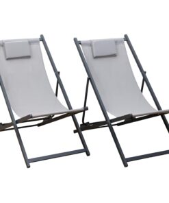 Ensemble de 2 chiliennes Cyprus en textilène gris avec structure en aluminium anthracite - Transats équipés de coussins pour repose-tête - Parfaits pour le jardin, la terrasse...