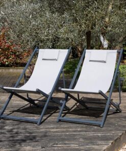 Ensemble de 2 chiliennes Cyprus en textilène gris avec structure en aluminium anthracite - Transats équipés de coussins pour repose-tête - Parfaits pour le jardin, la terrasse...