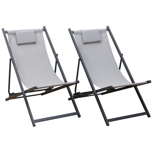 Ensemble de 2 chiliennes Cyprus en textilène gris avec structure en aluminium anthracite - Transats équipés de coussins pour repose-tête - Parfaits pour le jardin, la terrasse...