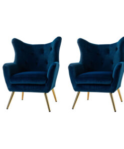 Ensemble de 2 fauteuils scandinaves en velours bleu, confortables, avec pieds en métal doré et dossier style wingback, idéaux pour le salon ou la chambre