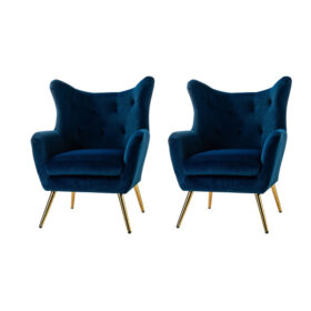Ensemble de 2 fauteuils scandinaves en velours bleu, confortables, avec pieds en métal doré et dossier style wingback, idéaux pour le salon ou la chambre