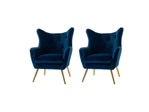 Ensemble de 2 fauteuils scandinaves en velours bleu, confortables, avec pieds en métal doré et dossier style wingback, idéaux pour le salon ou la chambre