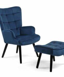 Fauteuil Ania scandinave avec repose-pieds en velours bleu