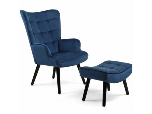 Fauteuil Ania scandinave avec repose-pieds en velours bleu