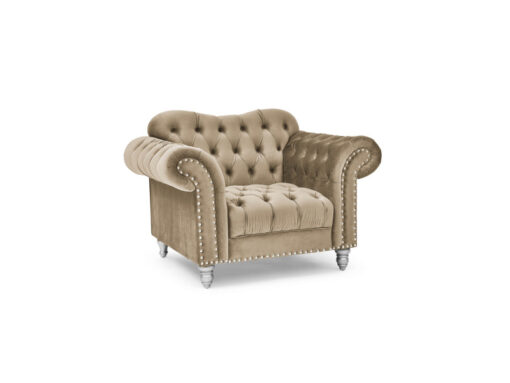 Fauteuil Chesterfield Velours Beige Argenté