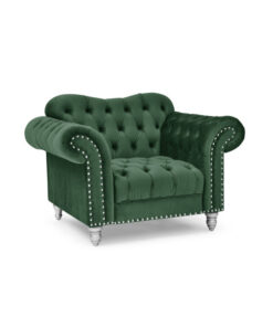 Fauteuil Chesterfield velours vert pieds argentés