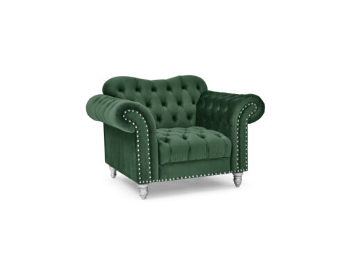 Fauteuil Chesterfield velours vert pieds argentés