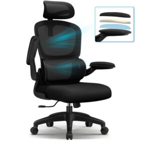 Fauteuil de Bureau Ergonomique, Accoudoirs Rembourrés Pliables, Chaise Inclinable avec Appui-Tête Ajustable jusqu'à 10 cm, Capacité de Charge 150 KG