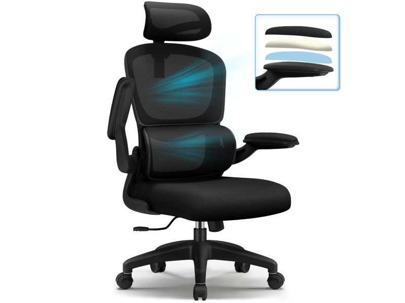 Fauteuil de Bureau Ergonomique, Accoudoirs Rembourrés Pliables, Chaise Inclinable avec Appui-Tête Ajustable jusqu'à 10 cm, Capacité de Charge 150 KG