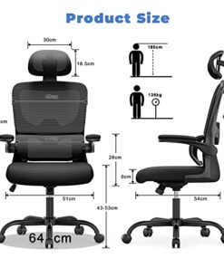 Fauteuil de Bureau Ergonomique : Chaise avec Soutien Lombaire, Dossier et Appui-tête Ajustables, Accoudoirs Réversibles, Assise en Maille Respirante, Idéale pour la Maison