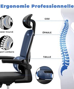 Fauteuil de Bureau Ergonomique : Chaise avec Soutien Lombaire, Dossier et Appui-tête Ajustables, Accoudoirs Réversibles, Assise en Maille Respirante, Idéale pour la Maison