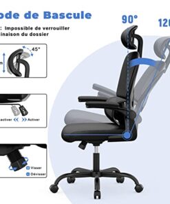 Fauteuil de Bureau Ergonomique : Chaise avec Soutien Lombaire, Dossier et Appui-tête Ajustables, Accoudoirs Réversibles, Assise en Maille Respirante, Idéale pour la Maison