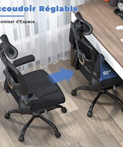 Fauteuil de Bureau Ergonomique : Chaise avec Soutien Lombaire, Dossier et Appui-tête Ajustables, Accoudoirs Réversibles, Assise en Maille Respirante, Idéale pour la Maison