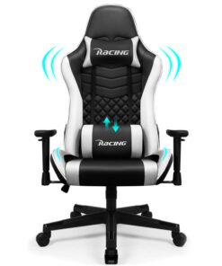 Fauteuil de gaming supportant 150 kg, chaise de bureau ergonomique, assise de 56 cm, hauteur ajustable, coussins modulables, couleur noir et blanc