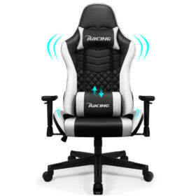 Fauteuil de gaming supportant 150 kg, chaise de bureau ergonomique, assise de 56 cm, hauteur ajustable, coussins modulables, couleur noir et blanc