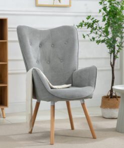 Fauteuil de loisirs scandinave en tissu avec accoudoirs rembourrés et pieds en bois massif, couleur grise