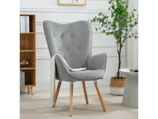 Fauteuil de loisirs scandinave en tissu avec accoudoirs rembourrés et pieds en bois massif, couleur grise