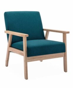 Fauteuil Isak en bois et tissu bleu pétrole, style scandinave. Dimensions : L 64 x P 69,5 x H 73 cm