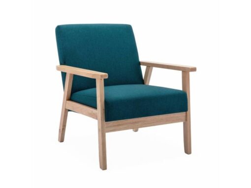 Fauteuil Isak en bois et tissu bleu pétrole, style scandinave. Dimensions : L 64 x P 69,5 x H 73 cm