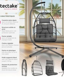 Fauteuil Oeuf Suspendu Tectake® - Chaise Hamac Balancoire Confortable et Pliable, Résistante avec Structure en Acier et Coussin Épais pour un Moment de Détente