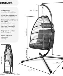 Fauteuil Oeuf Suspendu Tectake® - Chaise Hamac Balancoire Confortable et Pliable, Résistante avec Structure en Acier et Coussin Épais pour un Moment de Détente