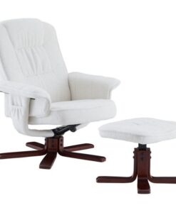 Fauteuil relax en bouclette blanche Charly avec repose-pieds, siège rotatif et dossier inclinable, assise rembourrée