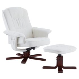 Fauteuil relax en bouclette blanche Charly avec repose-pieds, siège rotatif et dossier inclinable, assise rembourrée