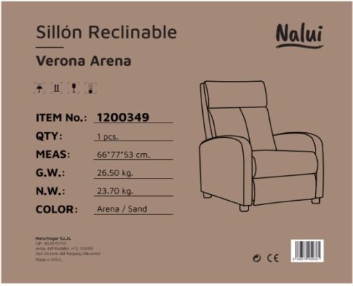 Fauteuil Relax Manuel Verona Don Descanso - Inclinable jusqu'à 160º avec Repose-Pieds, Système d'Ouverture Push, Compact, 2 Positions Couchées