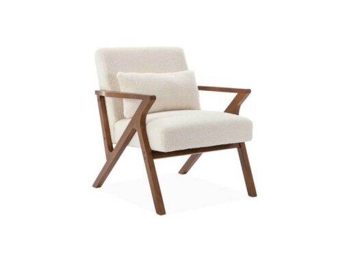 Fauteuil scandinave en bois d'hévéa, finition noyer clair teinté et revêtement en bouclette blanche Antoine