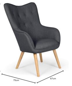 Fauteuil Scandinave en Gris Foncé Capitonné | Confort Optimal avec Assise en Tissu et Pieds en Bois | Modèle Klarys | Dimensions : L67 x P75 x H100 cm