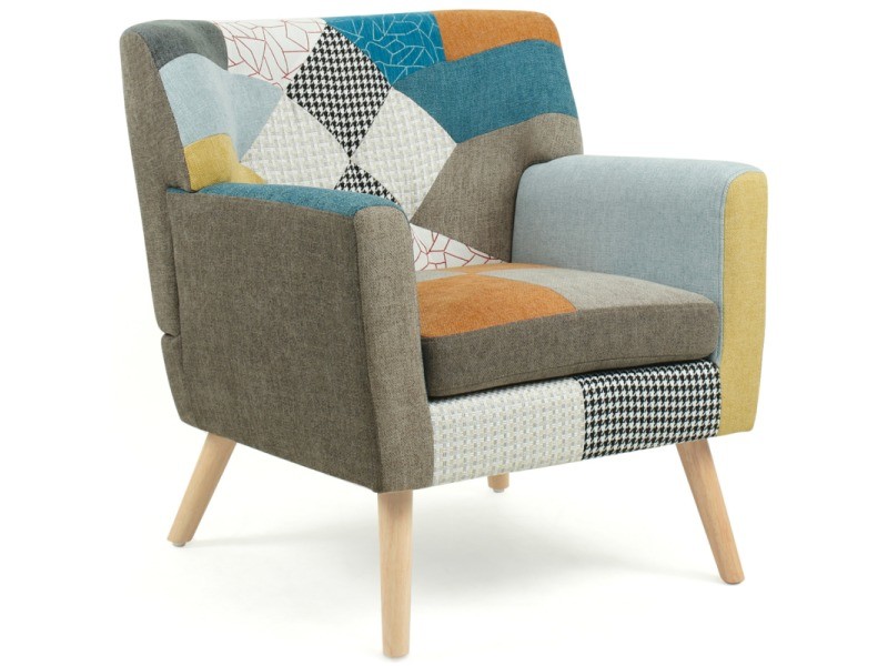 Fauteuil scandinave en tissu patchwork multicolore Liv