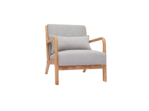 Fauteuil scandinave en tissu velours gris clair avec structure en bois massif clair Derry