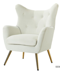 Fauteuil scandinave en velours blanc avec pieds en métal doré et dossier haut, idéal pour le salon ou la chambre