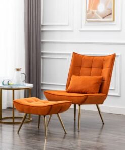 Fauteuil Scandinave en Velours Orange avec Repose-Pieds