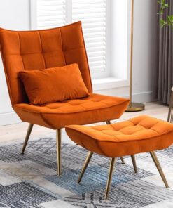 Fauteuil Scandinave en Velours Orange avec Repose-Pieds