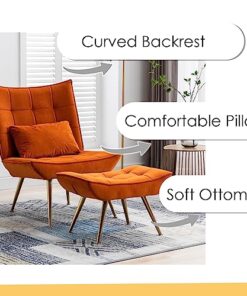 Fauteuil Scandinave en Velours Orange avec Repose-Pieds