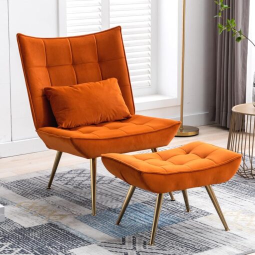 Fauteuil Scandinave en Velours Orange avec Repose-Pieds