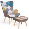 Fauteuil scandinave Ivar avec repose-pieds en tissu patchwork multicolore