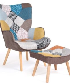 Fauteuil scandinave Ivar avec repose-pieds en tissu patchwork multicolore