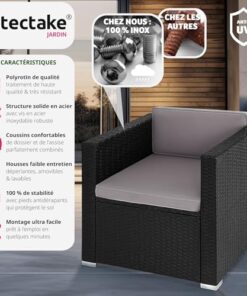 Fauteuil TecTake® en Poly Rotin avec Accoudoirs pour Salon de Jardin Extérieur - Mobilier Modulable pour Balcon, Terrasse et Véranda