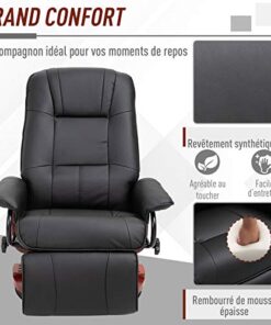 HOMCOM Fauteuil Relax avec inclinaison, repose-pieds réglable, pivotant à 360°, structure en bois et revêtement synthétique noir