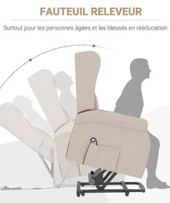 HOMCOM Fauteuil Relax Électrique Inclinable avec Repose-Pied et Télécommande, Fauteuil Releveur Ajustable avec Poche de Rangement Latérale en Lin