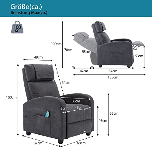 HOMOPIV Fauteuil de Relaxation Inclinable avec Massage et Chauffage, Chaise Détente avec Repose-Pieds et Appui-tête Ajustables, Tissu Gris