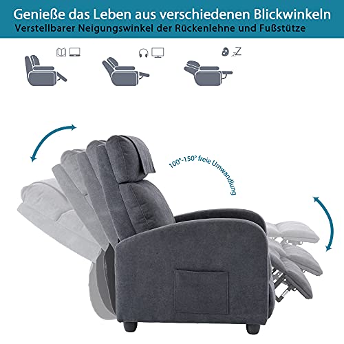 HOMOPIV Fauteuil de Relaxation Inclinable avec Massage et Chauffage, Chaise Détente avec Repose-Pieds et Appui-tête Ajustables, Tissu Gris
